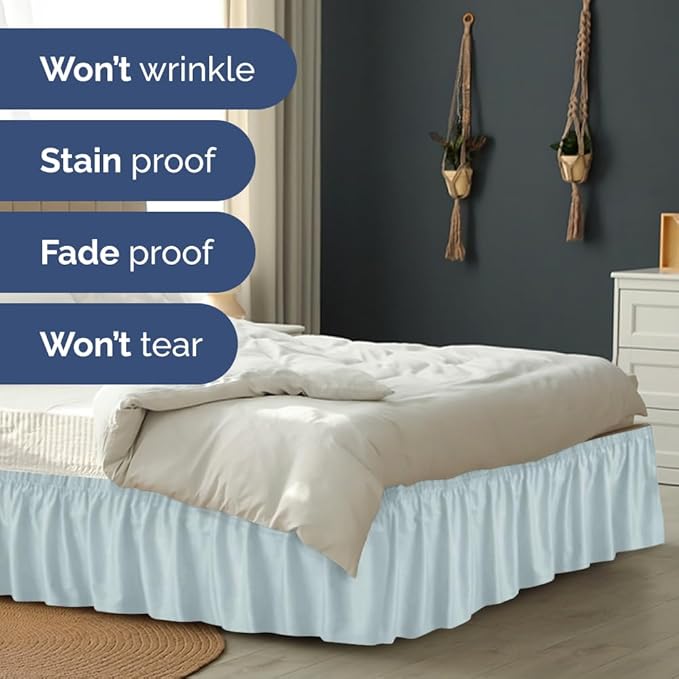 Wrap Around Dust Ruffle Bed Skirt - Ice Blue - for King Size Beds w/ 12 Inch Drop - Easy Fit Elastic Strap - Adjustable Pleated Bedskirt w/Brushed Fabric - Wrinkle Free - for Women, Men, Kids & Teens