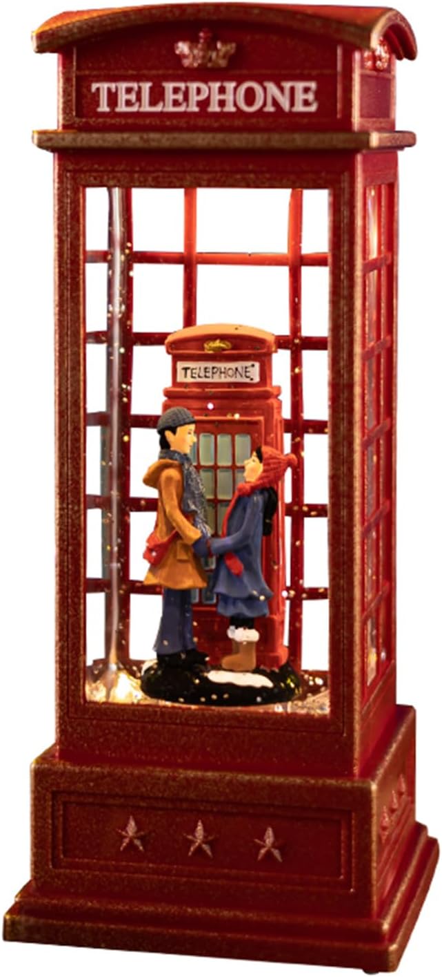 Snow Globe Lantern with Telephone Booth Couples –Shatterproof 8 Songs Musical Box Automatic Snowfall Led Light USB & Battery Powered,for Valentine’s Day Gifts Present Birthday Home Fall Decoration,Red