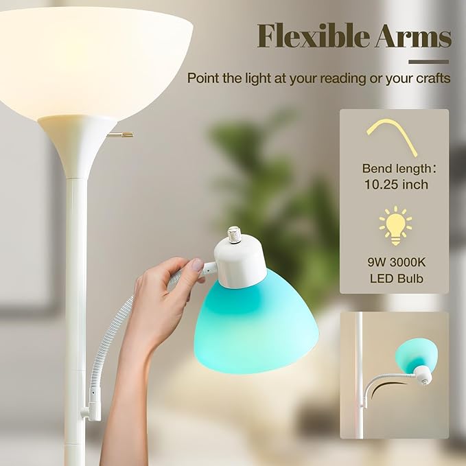 Luvkczc White Floor Lamp, 72" Tall Standing Floor Lamp with 5 Replace Lampshades, Torchiere Lamps with 8W Adjustable Reading Lights, Floor Lamps for Living Room, Bedroom, Office, Bulbs Included