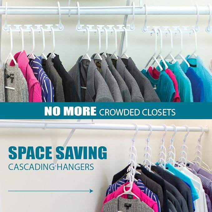 Wonder Hanger Max 10-Pack Space Saving Hangers, Reinforced Hooks Swivels 360°, Cascading Hanger, College Dorms & Storage Closet Organizer, Fully Assembled – White