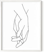 Holding Hands Wall Art Interlocking Fingers Connection Continuous Line Drawing 8x10 Inch Oak Wood White Framed Modern Minimalist Unity Print for Bedroom