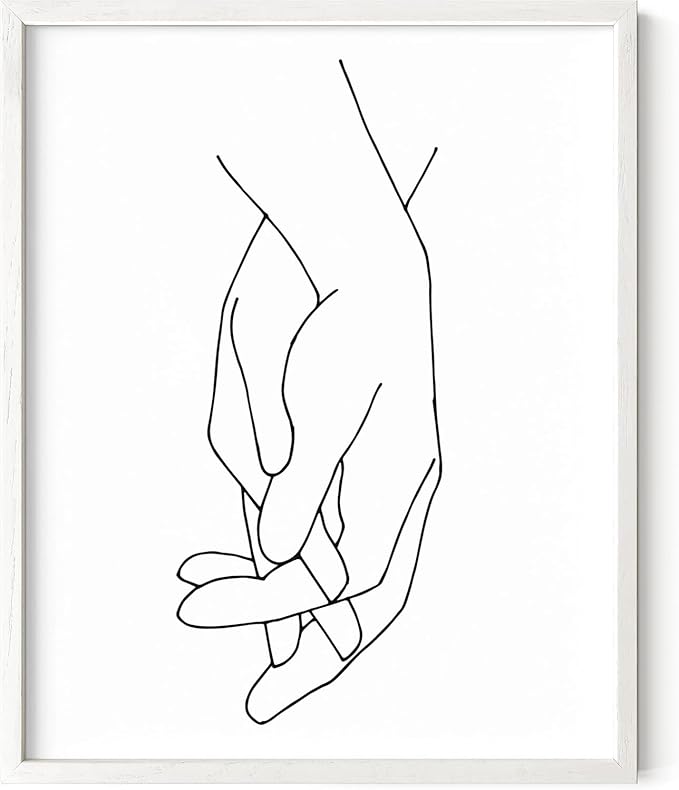Holding Hands Wall Art Interlocking Fingers Connection Continuous Line Drawing 8x10 Inch Oak Wood White Framed Modern Minimalist Unity Print for Bedroom