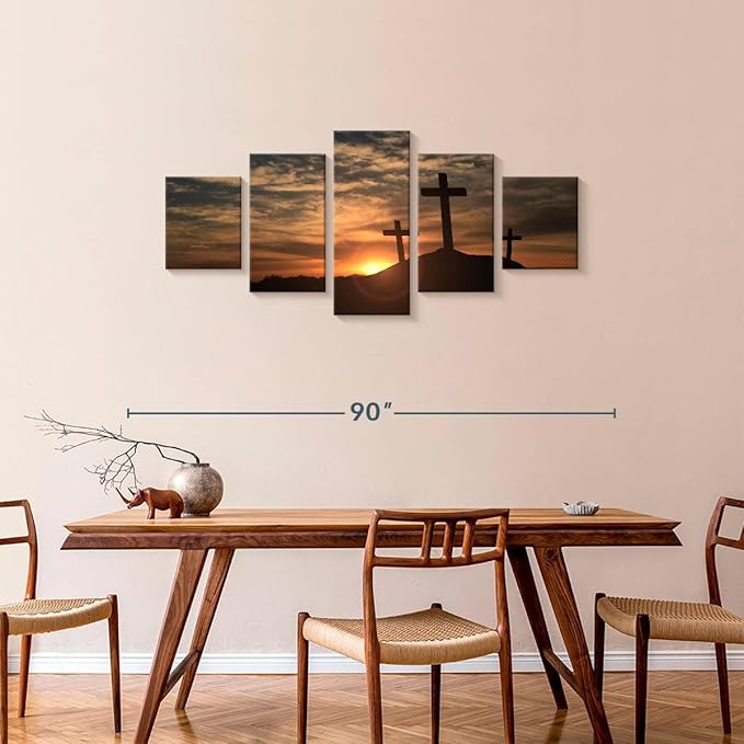 Elephant Stock Cross Silhouettes Wall Art Multi Piece Canvas - 5 Panel Christian Pictures Decor - Digital Design Canvas Print - Christian Wall Decor - 74" X 34"