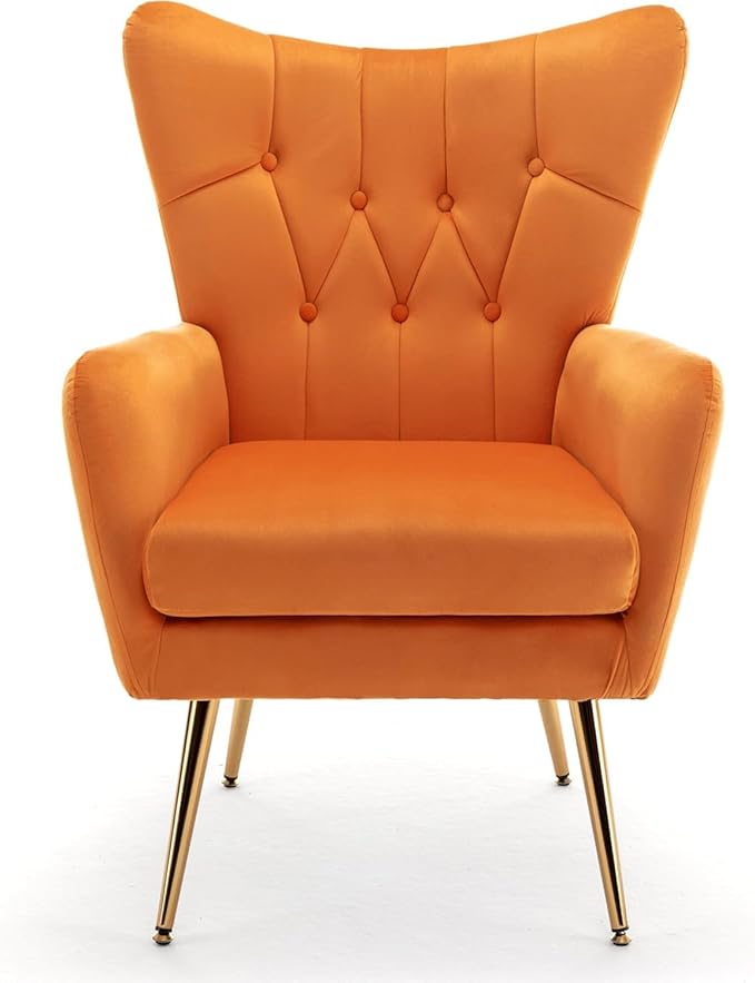 Modern Chic Mid-Century Velvet Accent Armchair for Living Room, Bedroom, or Home Office, Button-Tufted Wingback Design with Gold Flared Legs, Orange