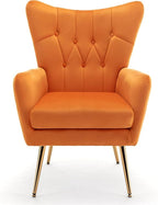 Modern Chic Mid-Century Velvet Accent Armchair for Living Room, Bedroom, or Home Office, Button-Tufted Wingback Design with Gold Flared Legs, Orange