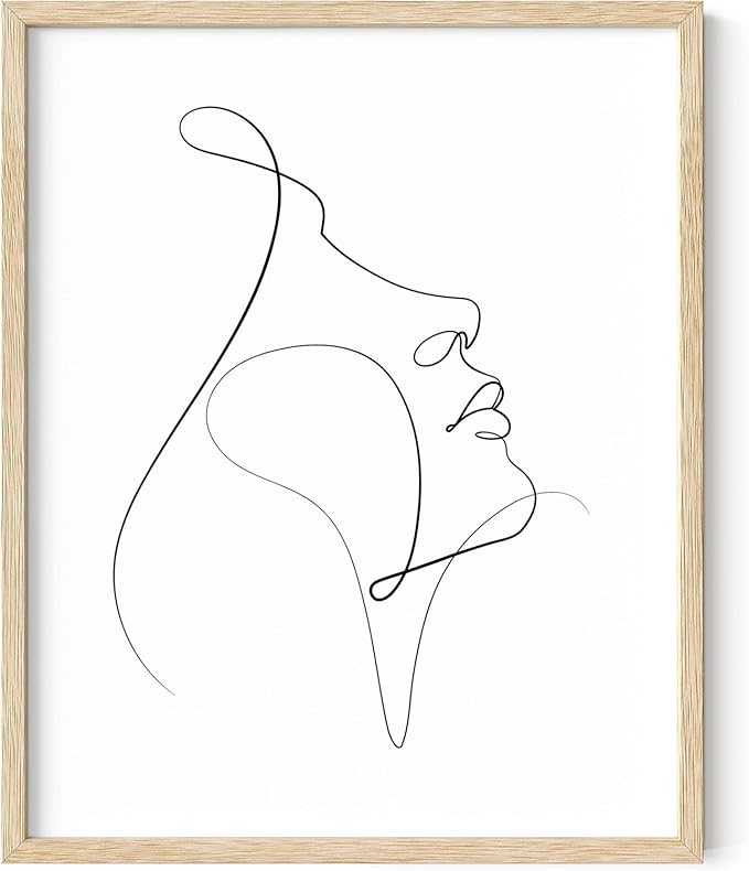 Minimalist Woman Profile Wall Art Upward Gaze Continuous Line Drawing Feminine Face 16x20 Inch Oak Wood Beige Framed Modern Aesthetic Print for Living Room