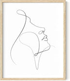 Minimalist Woman Profile Wall Art Upward Gaze Continuous Line Drawing Feminine Face 16x20 Inch Oak Wood Beige Framed Modern Aesthetic Print for Living Room