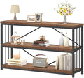 IBF Farmhouse Low 3 Tier Bookshelf, Industrial Rustic Horizontal Wood Bookcase, Modern Wide Open Metal Etagere with Storage, Vintage Book Shelf for Office Bedroom Living Room, Rustic Brown, 47 Inch