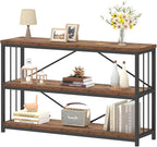 IBF Farmhouse Low 3 Tier Bookshelf, Industrial Rustic Horizontal Wood Bookcase, Modern Wide Open Metal Etagere with Storage, Vintage Book Shelf for Office Bedroom Living Room, Rustic Brown, 47 Inch