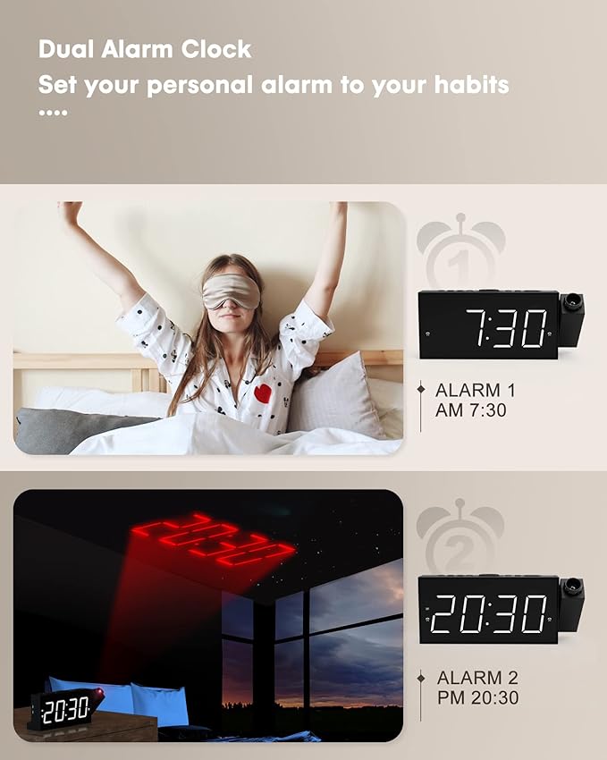 Projection Alarm Clock on Ceiling,Digital Clock for Bedroom with Battery Backup,7”Large Display,USB Charger,Dimmer,180° Rotatable Projector,12/24H,Snooze,DST,Loud Alarm Clock for Kids,Adults,Elders