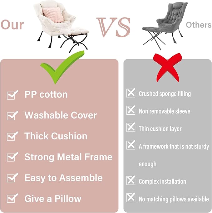 Lazy Chair with Ottoman, Large Lounge Accent Chair with Ottoman and a Throw Pillow, Beige Reading Chair for Living Room Bedroom Dorm Room Office Apartment Relaxing Use