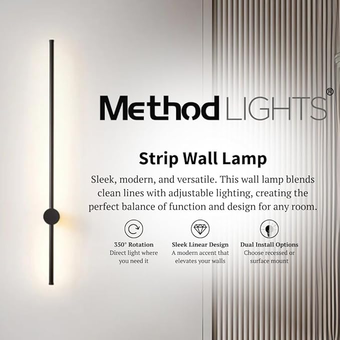 Method Lights LED Strip Wall Light, 39" Modern Indoor Wall Lamp with 350° Rotation, Surface or Recessed Mount, Sleek Minimalist Lighting for Bedroom, Living Room, Hallway, Black