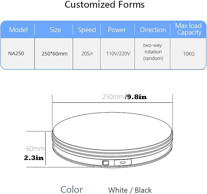Turner Cup Display Stand,Rotating Display Stand Easy to Switch Direction, Spinning Platform , 360 Degree Motorized Photography Turntable for Jewelry, Shoes Display and Shooting, Lazy Susan (BK-250MM)
