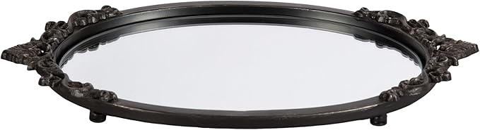 Kate and Laurel Arendahl Vintage Oval Mirrored Decorative Tray; 17 x 10; Antique Black; Traditional Ottoman Tray for Living Room Home Decor with Ornate Detailing