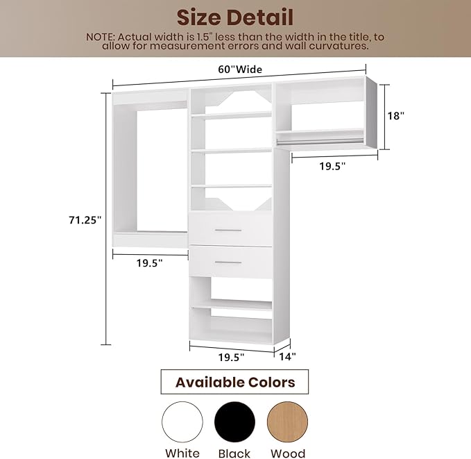 ROOMTEC Modular Closet System, 60" Wall Mounted Modern Closet Organizer with Hanging Rods and Drawers, Wooden Tower for Walk-In Closets, Wardrobe Storage Kit, White