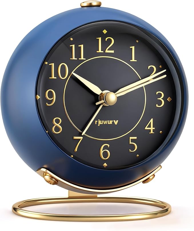 Metal Desk Alarm Clock, Retro Bedroom Table Vintage Analog Silent Non-Ticking Gold Alarm Clock, Bedside Decor(Navy Blue)