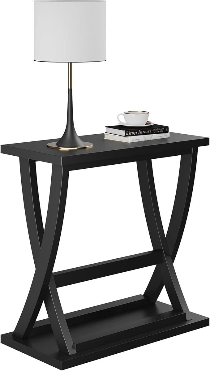 ChooChoo Black End Table, Narrow Side Table with Storage Shelf, Modern X-Design Slim Bedside Tables for Living Room, Bedroom, Small Spaces