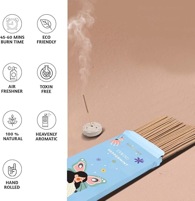 Folkulture Unwind Incense Sticks with Holder (100 Sticks) | Peppermint Incents Stick for Focus,Aromatherapy, Relaxation Gifts for Women | No Charcoal,Organic,Non Toxic, 45 Mins, Slow Burning Insence