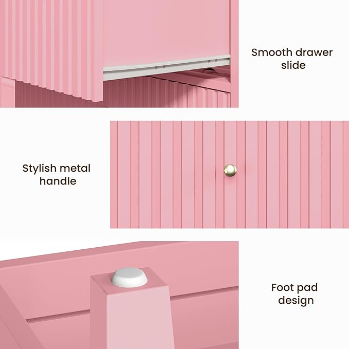 Pink 3 Drawer Dresser Set of 2, Painted 30 Inch Tall Wood Nightstand with Storage, Wide Modern Chest of Drawers with Ball Bearing Slide for Bedroom Hallway Living Room Entryway Office