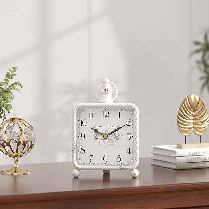 Vintage White Table Clock on Stand, Desk and Shelf Decor Clock, French Rustic Style Mantel Clocks for Farmhouse, Living Room, Bedroom, Bedside, Gift (8.5" H x 5.5" W)