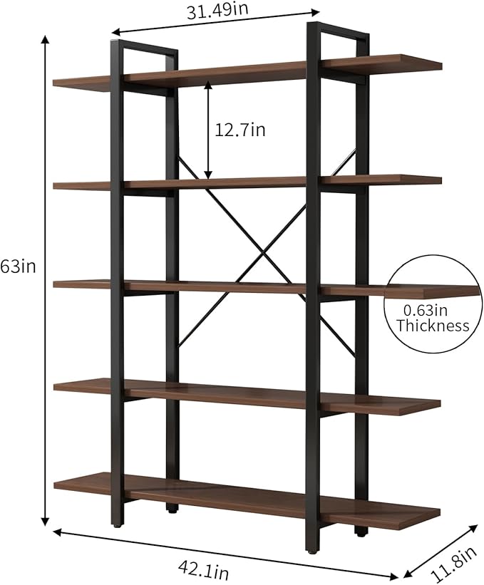 Bookshelf, Industrial Style Bookcase, Book Rack, Storage Rack Shelves in Living Room/Home/Office, Books Holder Organizer for Books/Movies (5-Tiers)