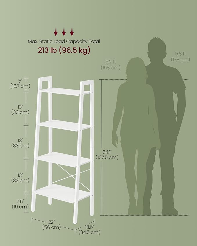 VASAGLE Ladder Shelf, 4-Tier Bookshelf, Storage Rack, Bookcase with Steel Frame, for Living Room, Home Office, Kitchen, Bedroom, Industrial Style, Maple White and Pearl White ULLS044W44