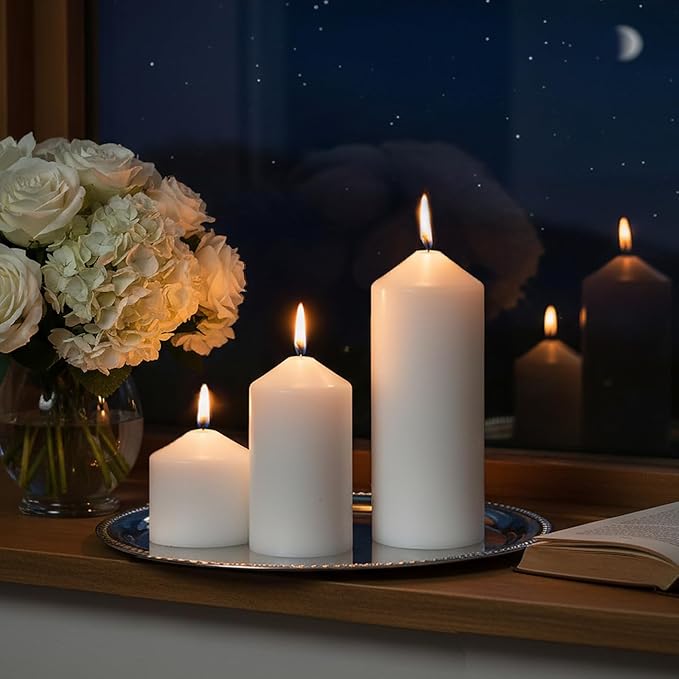 12 Pack Ivory Pillar Candles Bulk Set, 3x3 3x6 3x8 Inch - 4 Each Size, Dripless Smokeless Clean Burning for Wedding Centerpieces, Home Decor, Church, Romantic Ambiance！