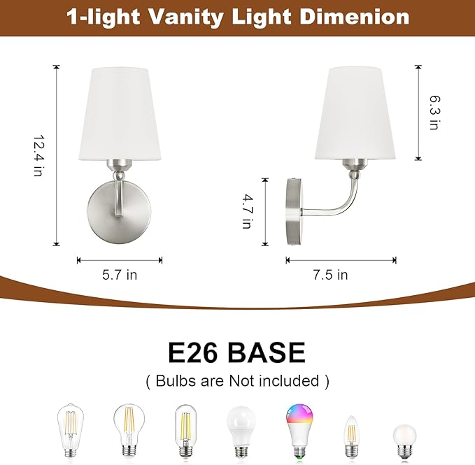 Modern Wall Sconces Set of 2, Hardwired Wall Lights with Flared White Fabric Shade, Brushed Nickel Wall Lamps for Bedroom Bedside Stairway Bathroom Living Room(ETL Listed)