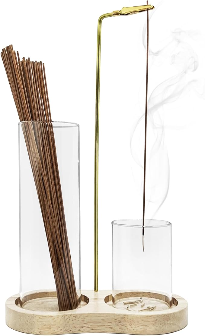 2 in 1 Incense Holder for Sticks, Glass Incense Holder with Ash Catcher, Wooden Incense Burner with Storage, for Home Decor & Spa Yoga Meditation Room Décor