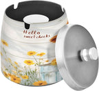 Cute Highland Cow Daisies Ashtray with Lid, Outdoor Ashtrays for Patio, Stainless Steel Ashtray Odorless Smokeless for Home Office Balcony