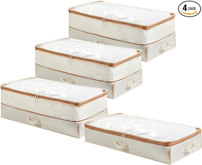 Under Bed Storage Container with Double Zippers, Foldable Oxford Fabric Organizer with Clear Top, Hard-Sided, Compressible Clothes & Blanket Bin, 32x16x11.4 Inch (4 Pack, Beige)
