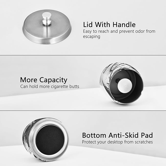 Black Death Ashtray with Lid, Outdoor Ashtrays for Patio, Stainless Steel Ashtray Odorless Smokeless for Home Office Balcony