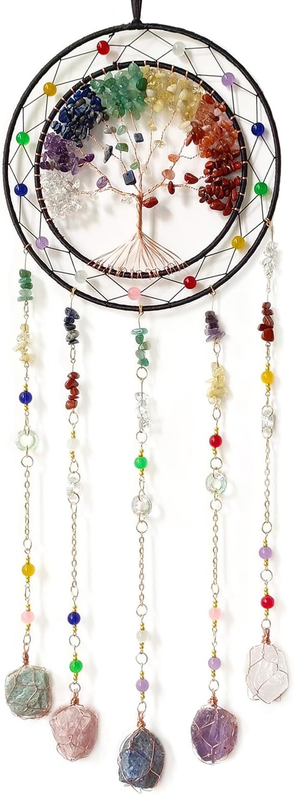 Crystal Tree of Life Dream Catchers with Stone Pendant Colorful Dream Catcher Wall Decor Handmade Dreamcatcher Wall Hanging Ornament for Bedroom Living Room Home Decor