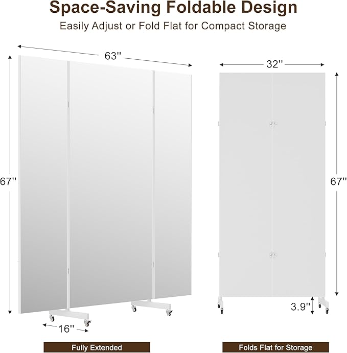 Full Length Stand Up Mirror on Wheels,63''×67'',Large Tri-Fold Floor Mirror with Stand,Movable 3-Way Full Length Standing Mirror for Gym, Dance Studio, Fitness Room, and Home (White)
