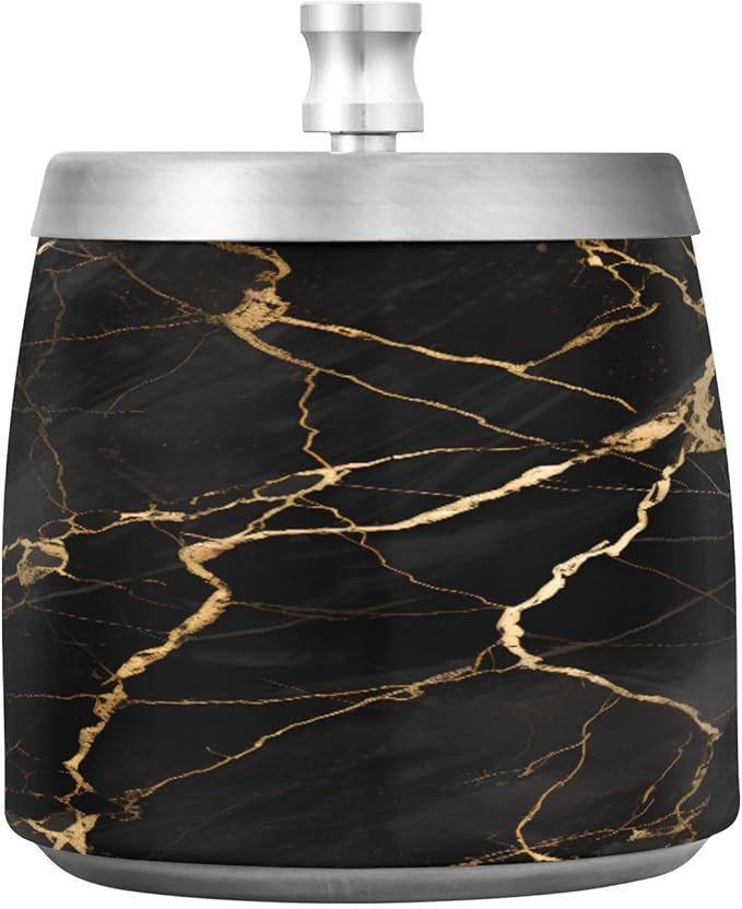 Black Gold Marble Textures Ashtray with Lid, Outdoor Ashtrays for Patio, Stainless Steel Ashtray Odorless Smokeless for Home Office Balcony