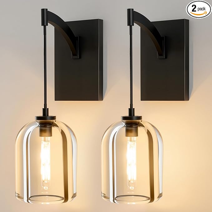Crystal Brass Hemisphere Wall Sconce - Set of 2 Black Brushed Dimmable Sconces with Bulbs - Modern Hanging Light Decor - Luxury Indoor Lighting Fixture for Bedroom Living Room Bathroom Vanity Hallway