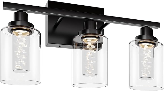 MELUCEE Bathroom Vanity Light Fixtures, 3-Light LED Bathroom Lighting Fixtures Over Mirror, 3000K-6000K Modern Black Vanity Light for Bathroom with Crystal Bubble Glass Shade, Built-in LED Chips
