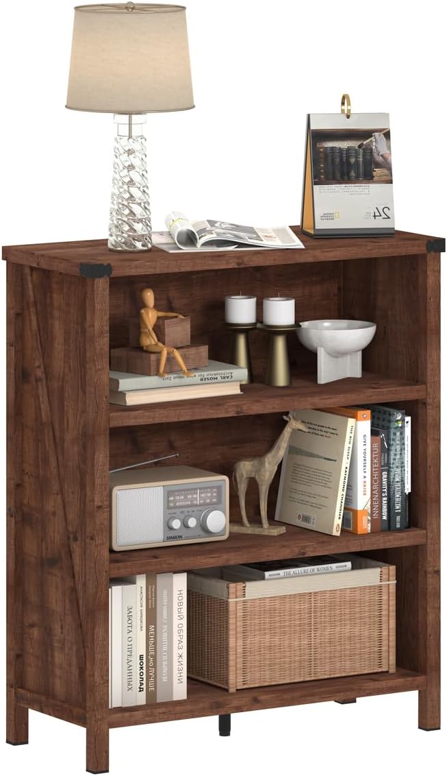 BON AUGURE Rustic Short Bookshelf, 3 Shelf Bookcase, Small Wood Low Book Cases/Shelves, Farmhouse Storage Tier Book Shelves for Home Office, Living Room, Small Space (Rustic Oak)