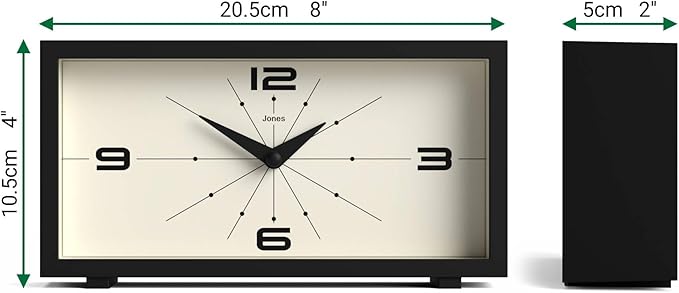 JONES CLOCKS® Odeon Desk Clock | Modern Rectangular Design | Black | Stylish Retro Look for Shelf, Table, Mantel or Bedside