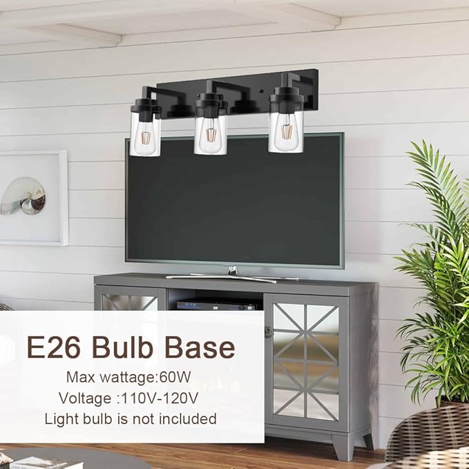 MELUCEE Vintage Bathroom Lighting Fixtures Over Mirror, 3-Light Modern Vanity Lights Black Finish Industrial Wall Sconce with Clear Glass Shade