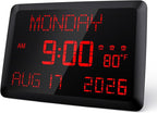 Raynic Digital Clock, 11.5" Large Display Digital Calendar Clock with Day and Date, Indoor Temperature, Adjustable Brightness, Snooze,12/24H, DST for Home, Office, Elderly