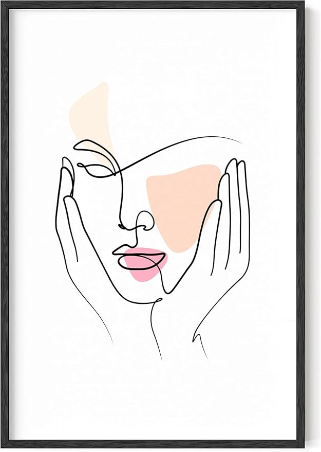 Y2K BOO Aesthetic Face UNFRAMED Wall Art Hands on Cheeks Continuous Line Drawing Abstract Pink Shapes 24x36 Inch Heavyweight Paper Studio Decor