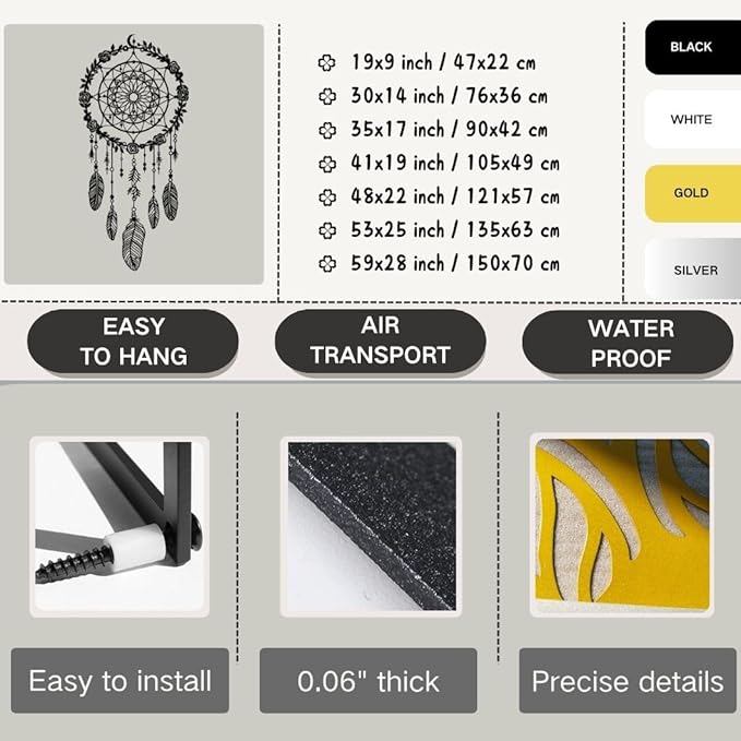 Maclou Metal Dream Catcher Wall Decor, Metal Feather Wall Art, Boho Dream Catcher Wall Decor for Living Room, Bedroom, Girls Room (Silver,48x22 inch / 121x57 cm)