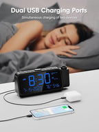 ROCAM Projection Alarm Clock for Bedroom Ceiling, Digital Clock with 180° Projector with 5-Level Dimmer, Dual Loud Alarm with Weekend/Weekday Mode, Date, Temp, Humidity, Night Light, DST, Snooze