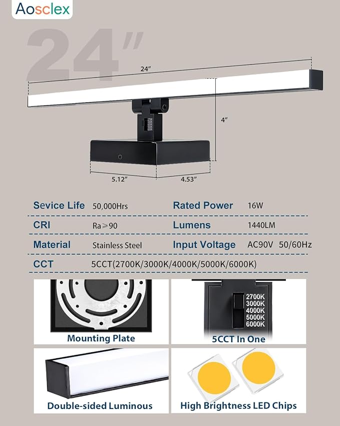 Bathroom Lighting Fixtures Over Mirror, 24 Inch 16W IP44 Black Modern Vanity Lights, 5CCT Adjustable (2700K–5000K), Dimmable LED Bathroom Lights, Dual-Sided, 180° Rotatable Angle, ETL