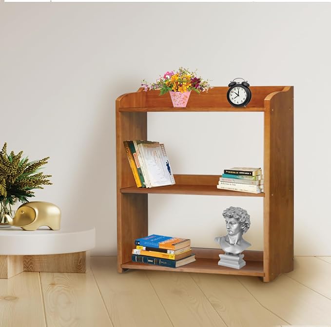 Pink Bookcase by Natural Wood, 4 Tier Bookshelf, Small Book Shelves Freestanding Display Storage Shelves. Open Bookshelf for Bedroom, Living Room and Office (Brown, 3 Tier Simple)