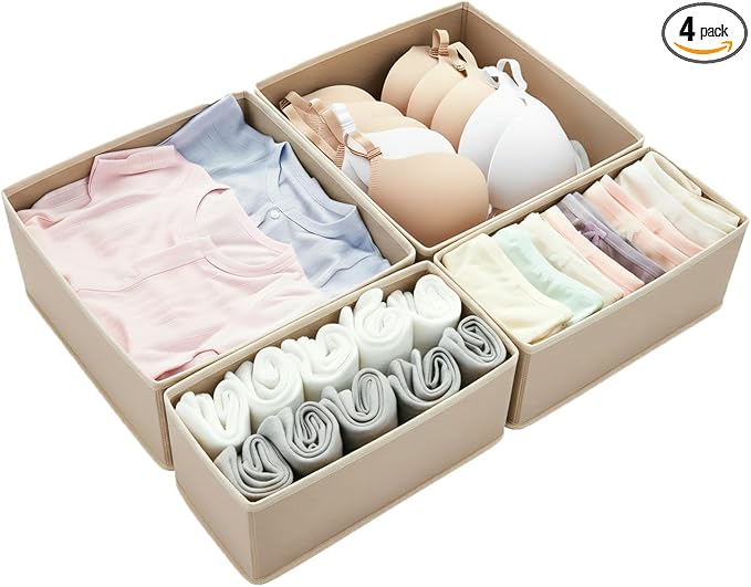 Drawer Organizer Set 4 Pack - Foldable 11" Fabric Storage Bins with Zipper Bottom for Underwear Socks Bras Baby Clothes - Closet Dresser Dividers for Bedroom Nursery, Khaki
