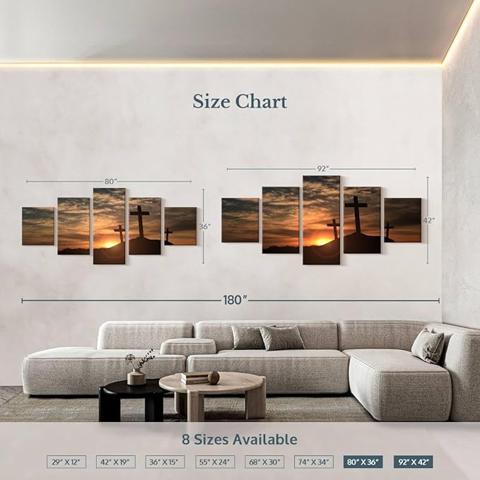Elephant Stock Cross Silhouettes Wall Art Multi Piece Canvas - 5 Panel Christian Pictures Decor - Digital Design Canvas Print - Christian Wall Decor - 80" X 36"