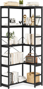 NUMENN 5 Tier Corner Bookshelf, Wood and Metal Bookcase Storage Shelf, Tall Corner Cabinet for Living Room, Bedroom, Home Office and Kitchen, Black