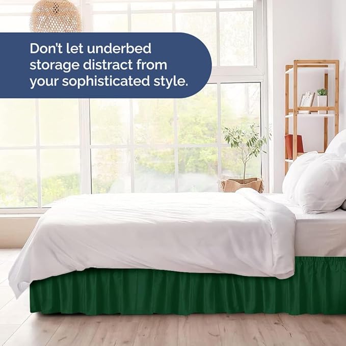 Wrap Around Dust Ruffle Bed Skirt - Emerald - for King Size Beds w/ 15 Inch Drop - Easy Fit Elastic Strap - Adjustable Pleated Bedskirt w/Brushed Fabric - Wrinkle Free - for Women, Men, Kids & Teens